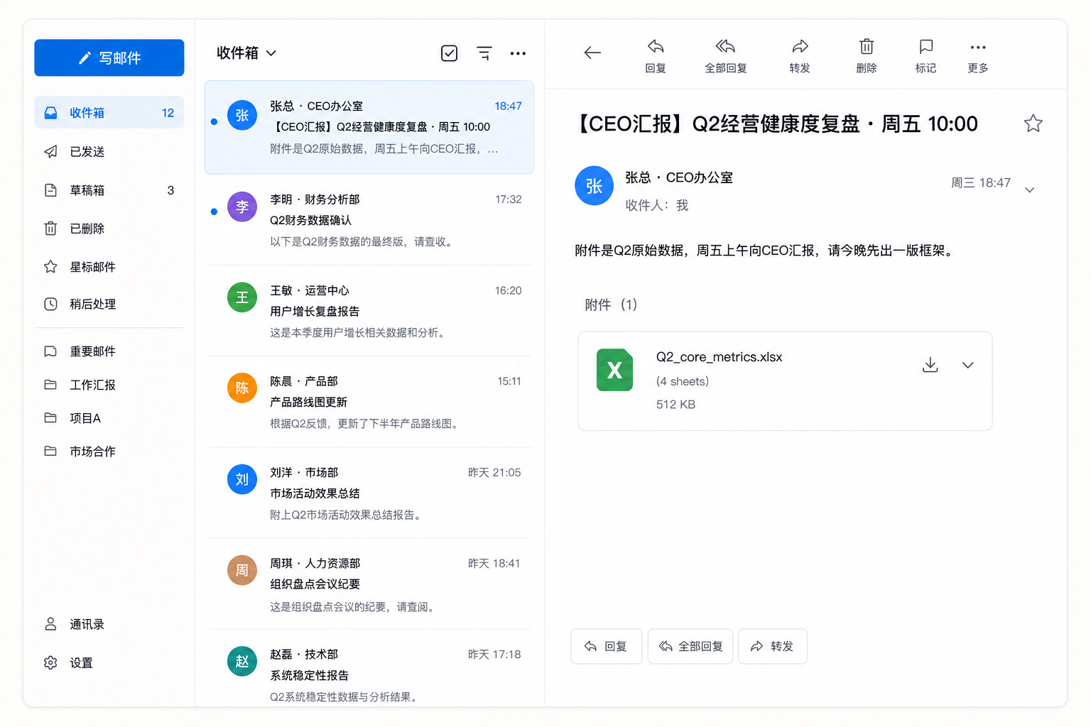 CEO汇报邮件：周五10:00 Q2经营复盘，附件含4张Excel原始数据