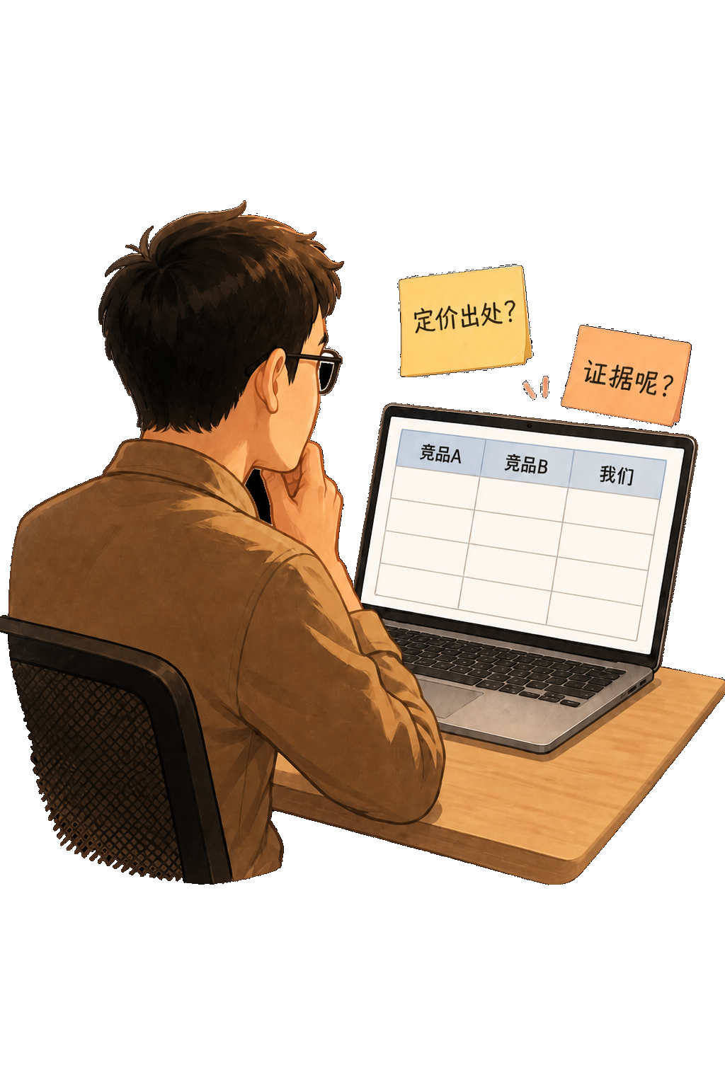 产品经理背对侧脸看向空白竞品矩阵，便签写着定价出处、证据呢