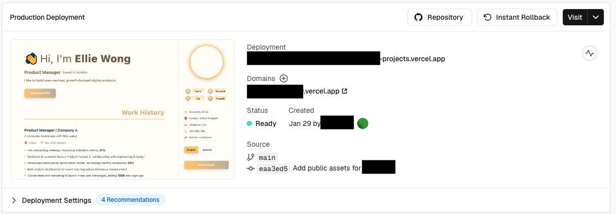 Vercel 部署成功 Dashboard，状态 Ready