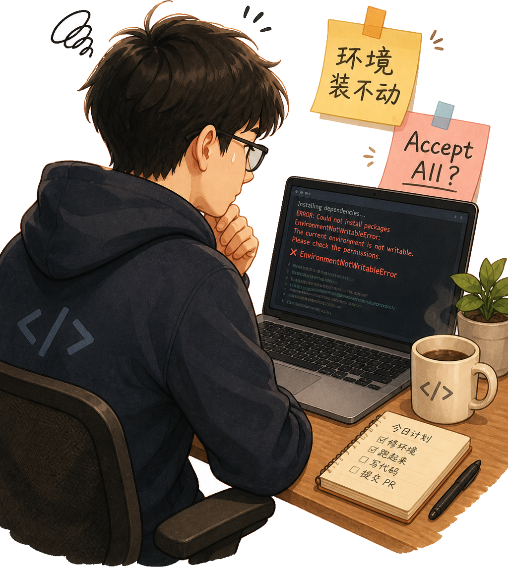 职场插画：背对侧脸对着笔记本发呆，便签写着环境装不动、Accept All?