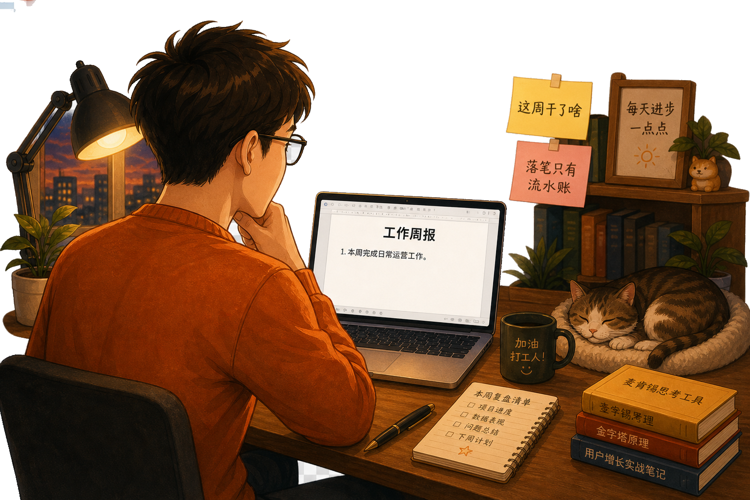 周日居家书桌插画：背对侧脸对着周报文档发呆，便签写着这周干了啥、落笔只有流水账