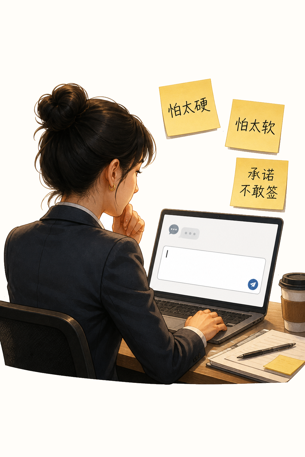 职场插画：背对侧脸对着空白回复框发呆，便签写着怕硬怕软、承诺不敢签